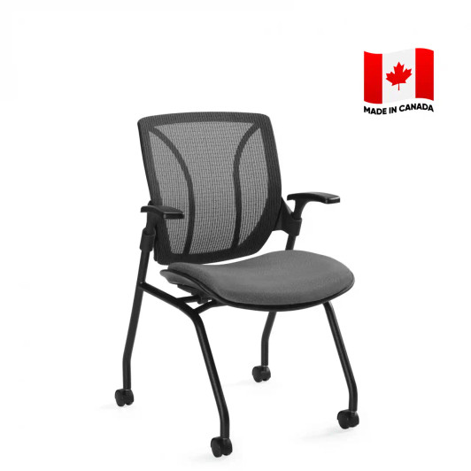 Global Roma 1899 mesh back nesting chair with flip seat and armrests. Made in Canada.