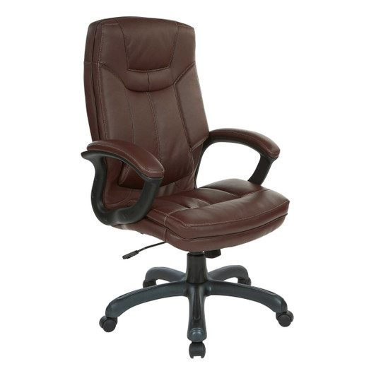 High-Back Faux Leather Manager’s Chair with Padded Arms and
Black Nylon Base. Color Chocolate, Side view High-Back Faux Leather Manager’s Chair with Padded Arms and
Black Nylon Base. Color Chocolate, Side view