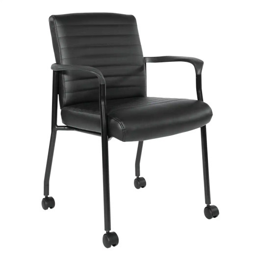 Guest Chair with Casters in Black Faux Leather and Black frame