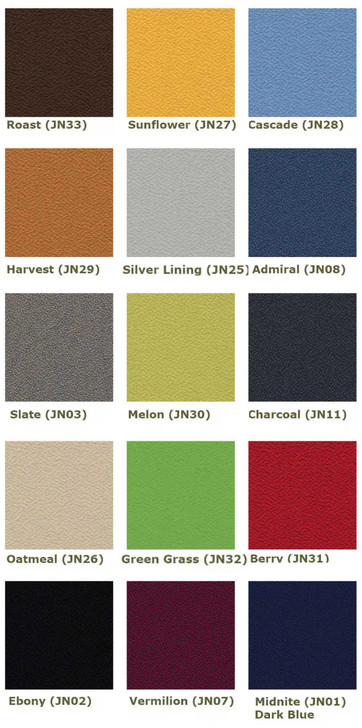 The Jenny Grade 1 vinyl collection offers 16 durable and easy-to-clean colours. These include Roast (JN33), a deep brown; Sunflower (JN27), a cheerful golden yellow; Cascade (JN28), a sky blue; Harvest (JN29), a warm medium brown; Silver Lining (JN25), a soft grey; Admiral (JN08), a classic navy; Slate (JN03), a textured dark grey; Melon (JN30), a light lime green; Charcoal (JN11), a true charcoal black; Oatmeal (JN26), a light beige; Green Grass (JN32), a grassy green; Berry (JN31), a dark red; Ebony (JN02), a jet black; Vermilion (JN07), a wine-toned red; and Midnite (JN01), a very dark navy.