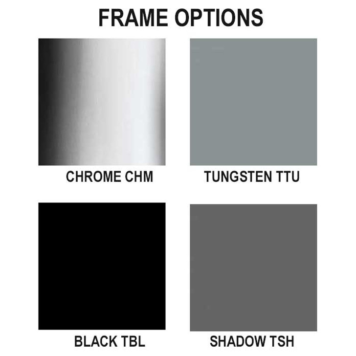 The available chair frame finish options include Chrome (CHM), a highly reflective silver; Tungsten (TTU), a sleek industrial grey; Black (TBL), a clean matte black; and Shadow (TSH), a soft medium grey tone.