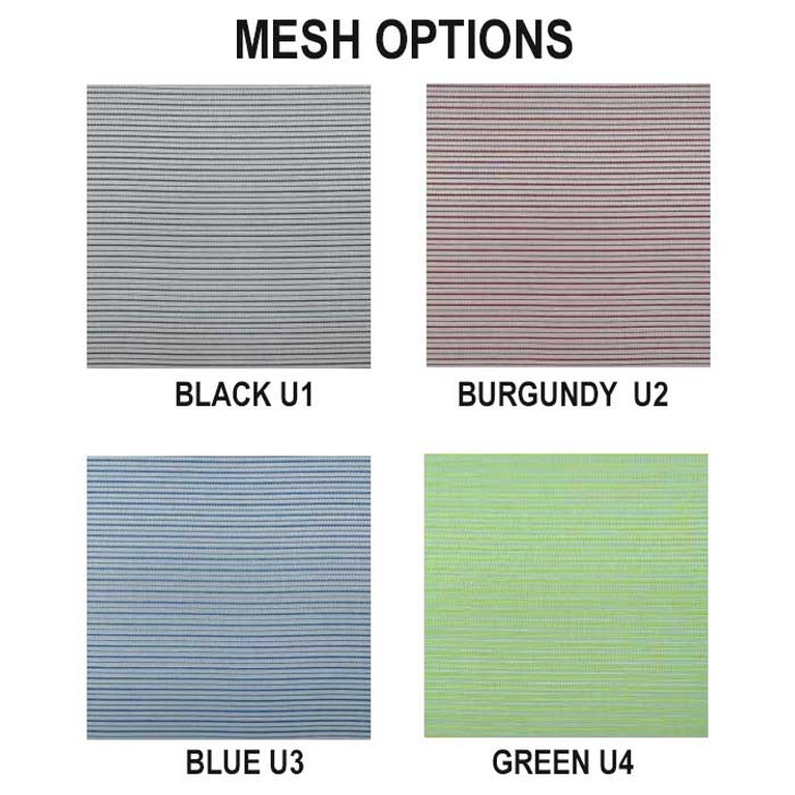 The Spritz mesh backrest collection includes four breathable mesh colours: Black (U1), a classic solid black; Burgundy (U2), a dark red; Blue (U3), a vibrant sky blue; and Green (U4), a fresh pastel green.