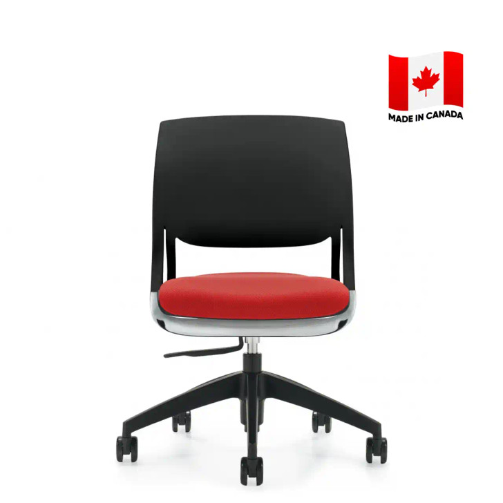 Global Novello 6401 office chair, black back, red seat, armrests. Made in Canada.