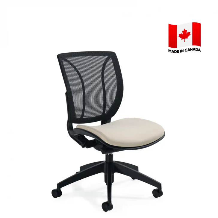 Global Roma 1901 mesh office chair, armless, synchro-tilt, adjustable lumbar support. Made in Canada.