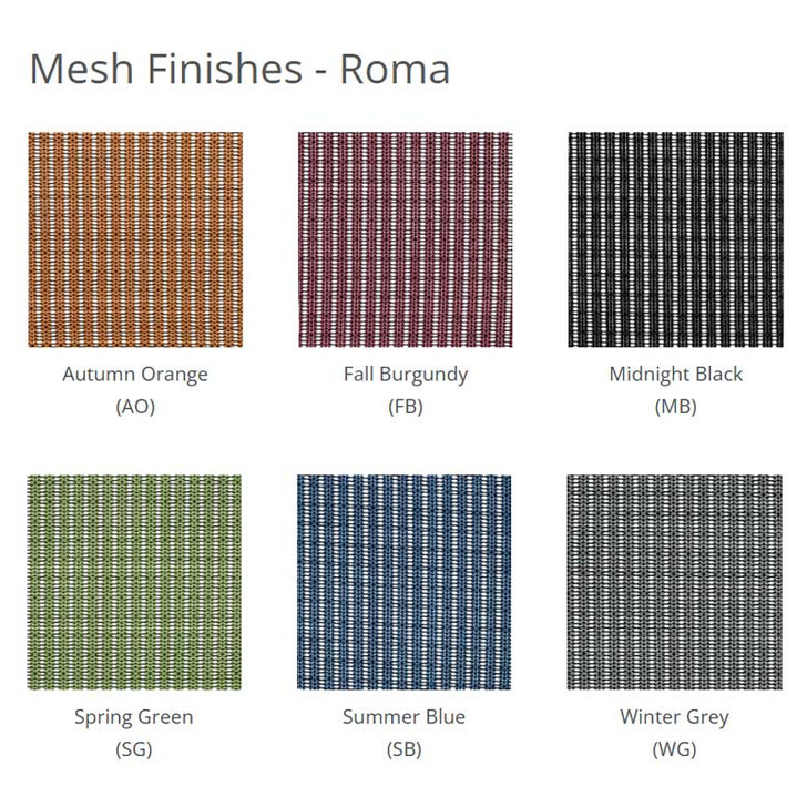 Roma mesh finishes shown in a 3×2 swatch grid: Autumn Orange (AO), Fall Burgundy (FB), Midnight Black (MB), Spring Green (SG), Summer Blue (SB), Winter Grey (WG).