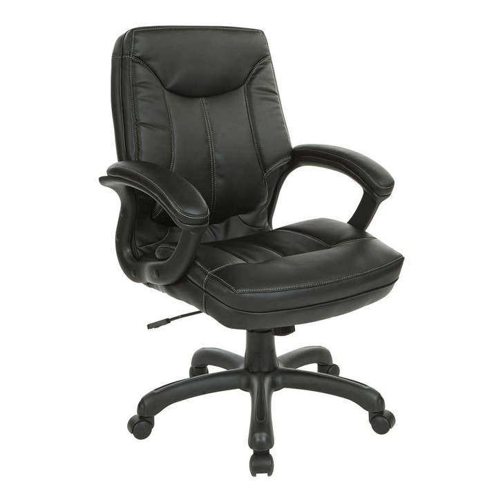 Mid-Back Faux Leather Manager’s Chair with Padded Arms and
Black Nylon Base. Colour Black, Side view. Mid-Back Faux Leather Manager’s Chair with Padded Arms and
Black Nylon Base. Colour Black, Side view.