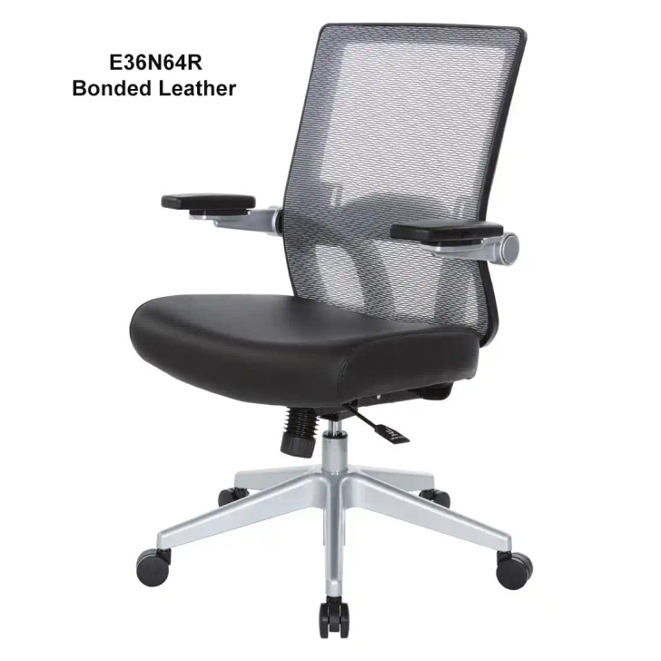 Mesh Back, Adjustable Lumbar Support, Flip Arms, Silver Base,   867 E36N64R, Black Bonded Leather
