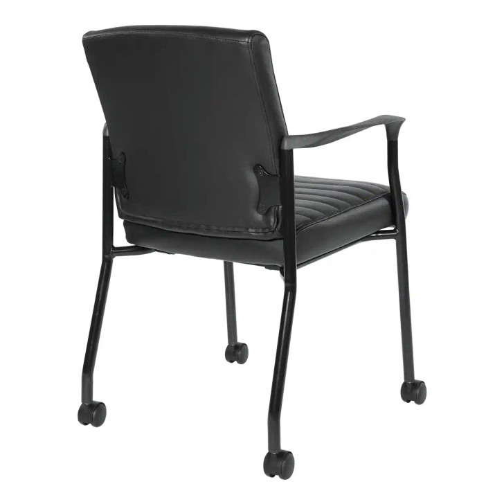 Guest Chair with Casters in Black Faux Leather and Black frame, side back view
