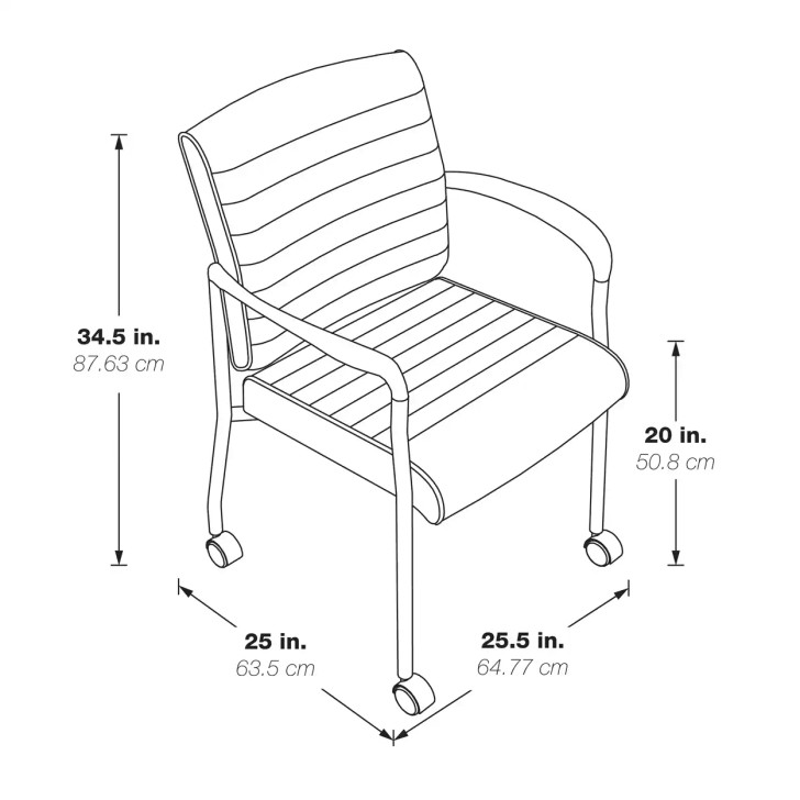 Guest Chair with Casters in Black Faux Leather and Black frame, measurements