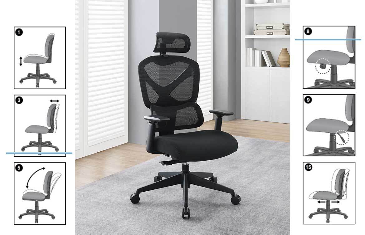 OSP Proline II Manager’s Chair with headrest showing ergonomic features including mesh back, padded fabric seat, adjustable headrest, seat slider, tilt lock, and height adjustment.