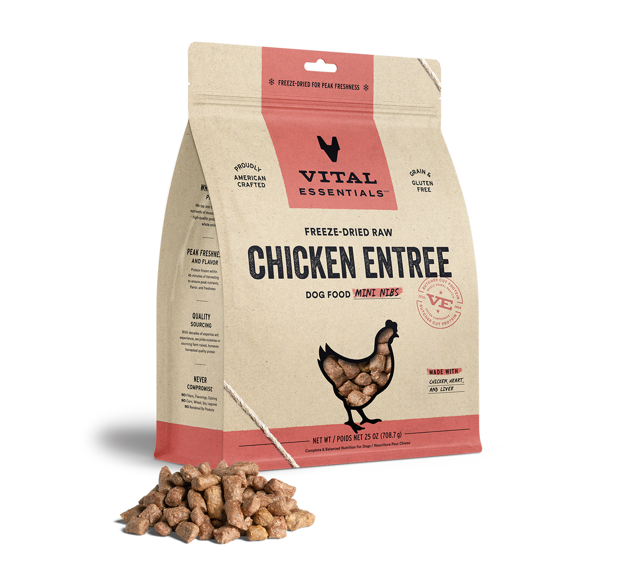 Vital Essentials FreezeDried Raw Entree Dog Food Mini Nibs Chicken 25oz Vermont Pet Food and