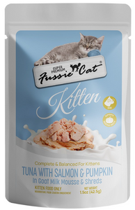 Fussie Cat Kitten Pouch, Tuna with Pumpkin in goat milk Mousse & Shreds 1.5 oz