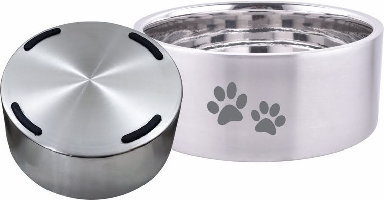 Indipet Double Wall Bowl Silver with Paw Prints 32oz