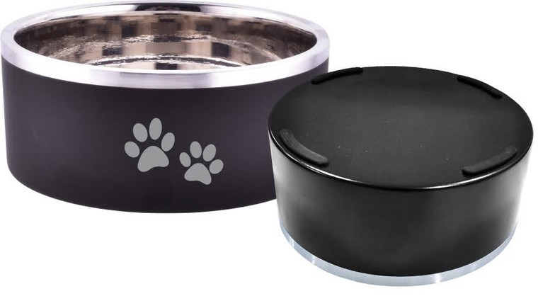 Indipet Double Wall Bowl Black with Paw Prints 16oz