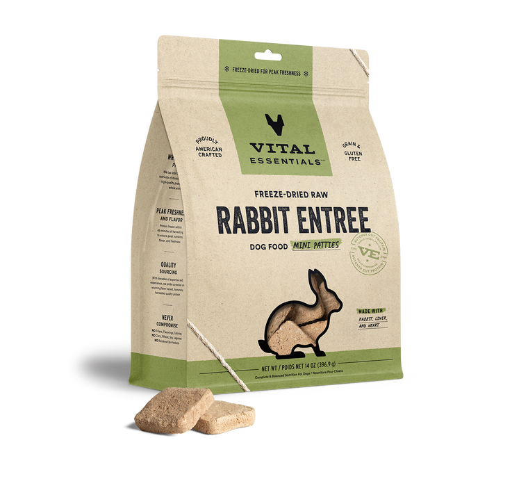 Vital Essentials Freeze-Dried Raw Entree Dog Food Mini Patties Rabbit 14oz