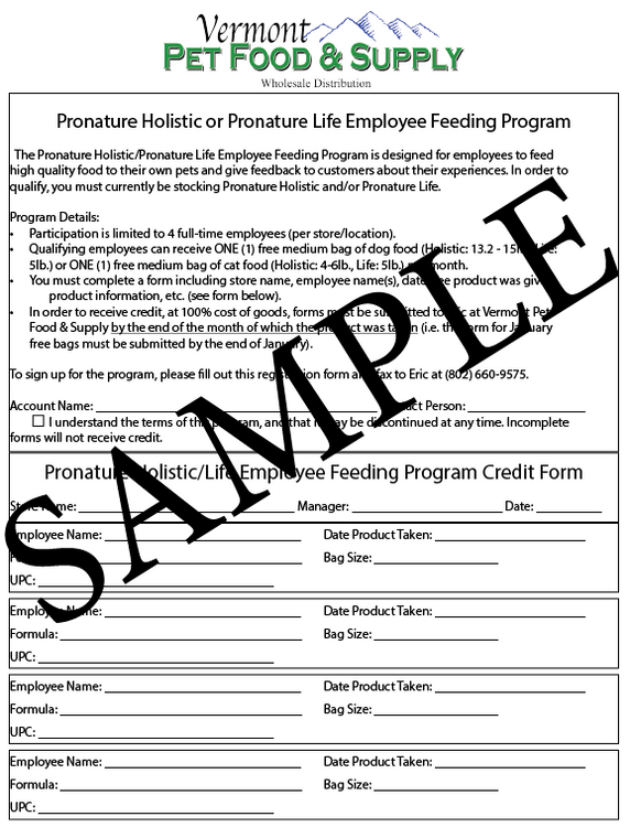 Employee Free Feeding Form Pronature