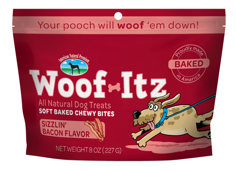 American Natural Premium Dog Treat Woof-Itz Sizzlin Bacon 8oz