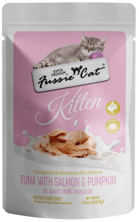 Fussie Cat Kitten Pouch, Tuna & Salmon with Pumpkin in goat milk Mousse 1.5 oz