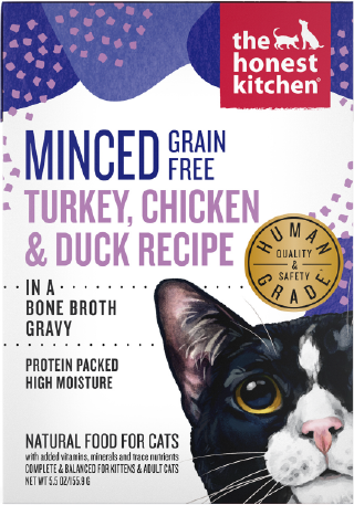 Honest Kitchen Cat Minced Turkey Chicken Duck Recipe in Bone Broth Gravy 5.5oz
