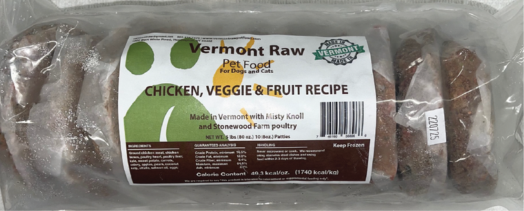 Vermont Raw Chicken, Fruit & Veggie Patties Dog Food 5# (10pk)