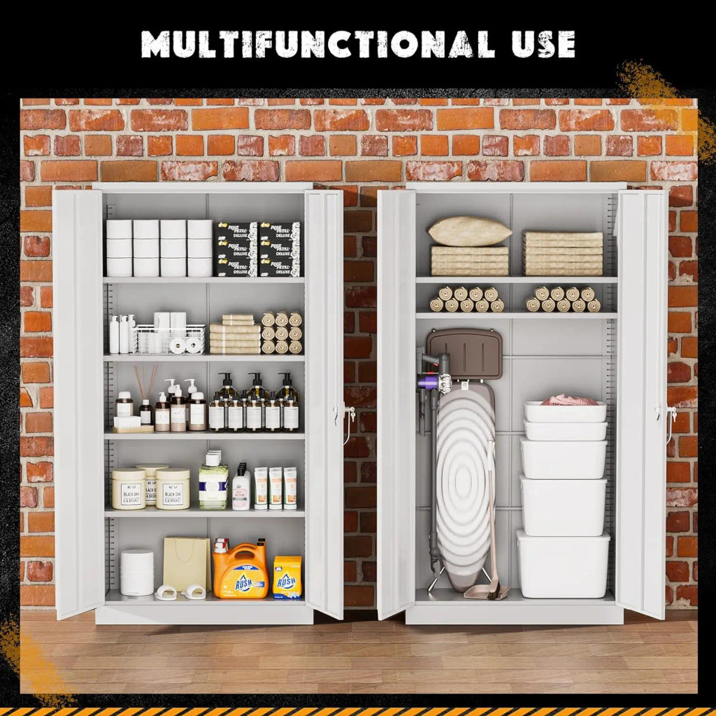 Two white storage cabinets shown side by side with labeled features like “multifunctional use” and “4 adjustable shelves”