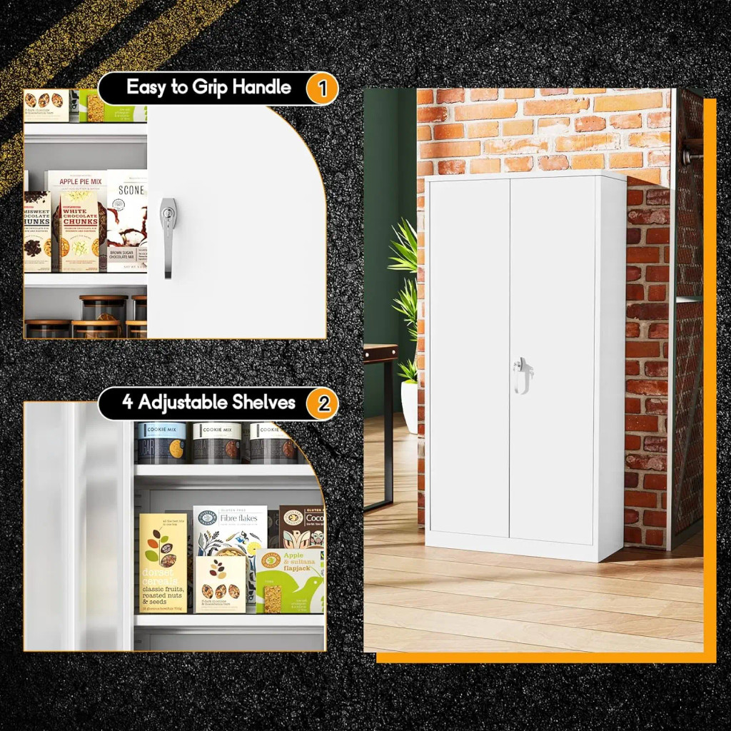 Close-up of cabinet door handle and adjustable shelf feature with labeled 1 and 2