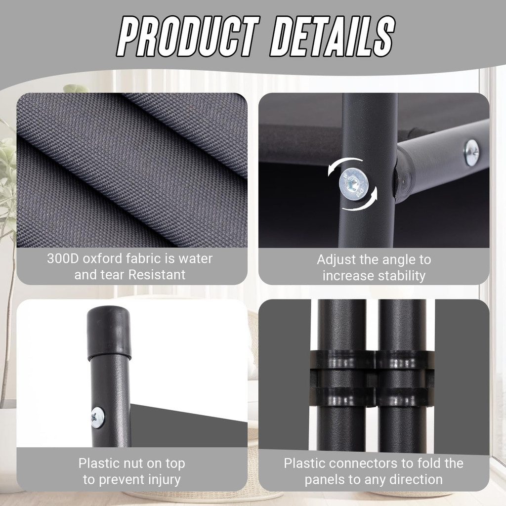 Close-up of product details: fabric, hinges, and connectors