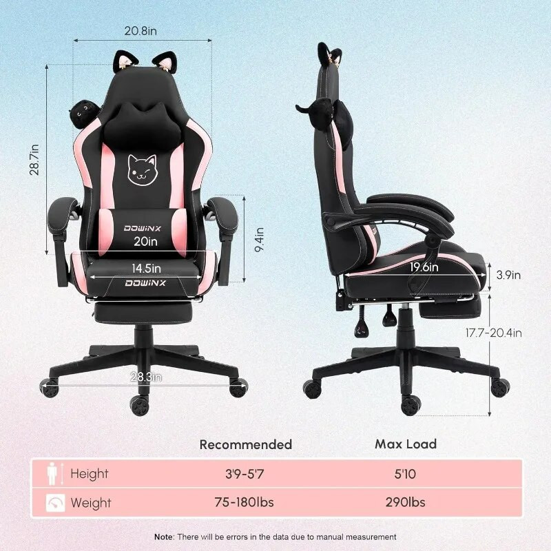 Gaming chair size diagram with cat ears showing dimensions and max load.