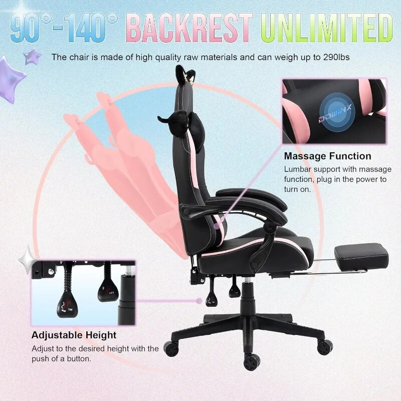 Dowinx gaming chair backrest unlimited with massage function and adjustable height.