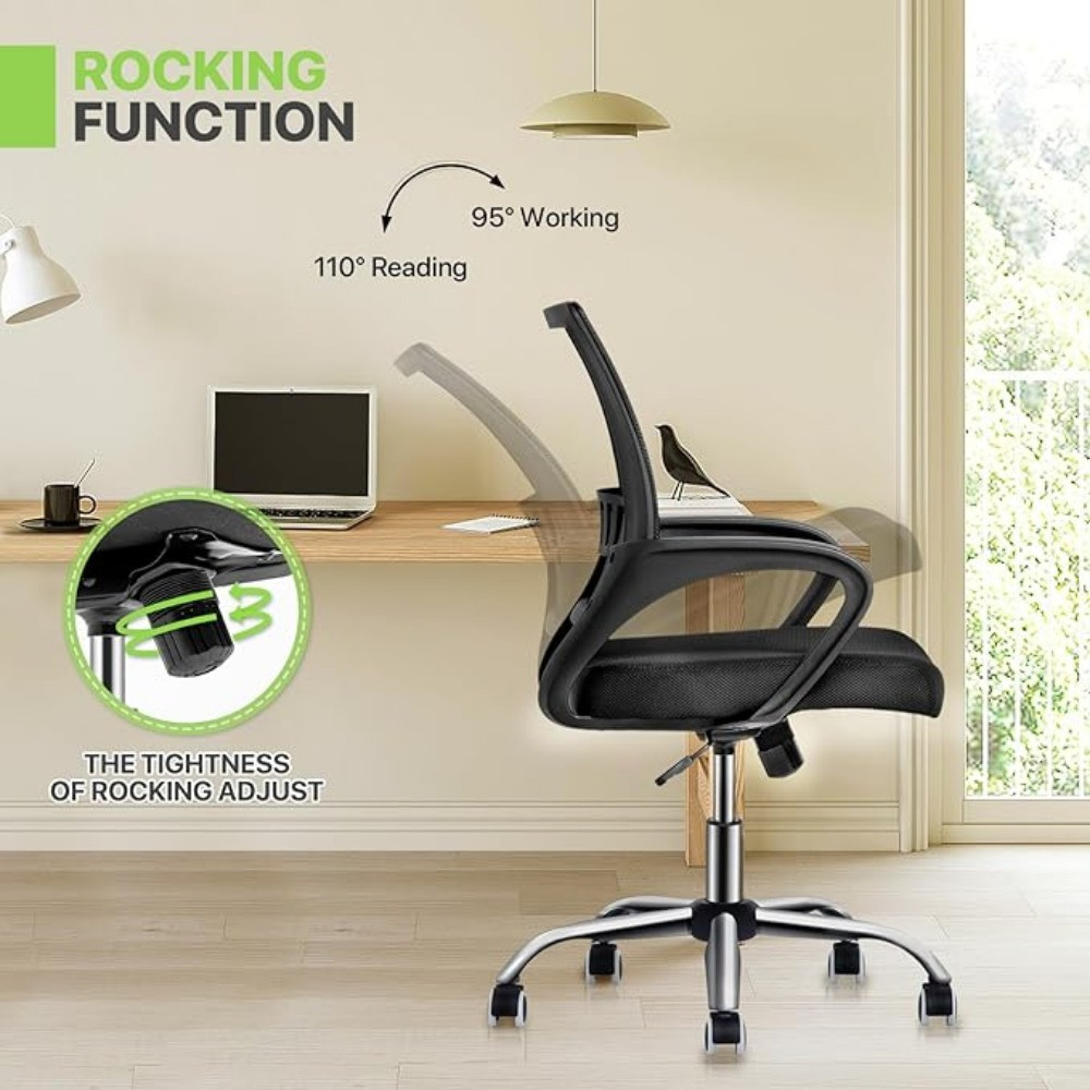 Promotional infographic showing rocking function and adjustment knob on chair