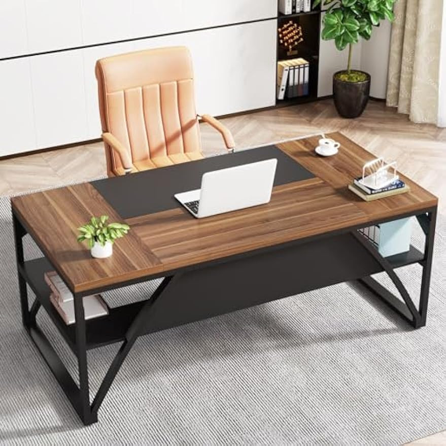 Desk with wood finish and black metal frame in modern office setup