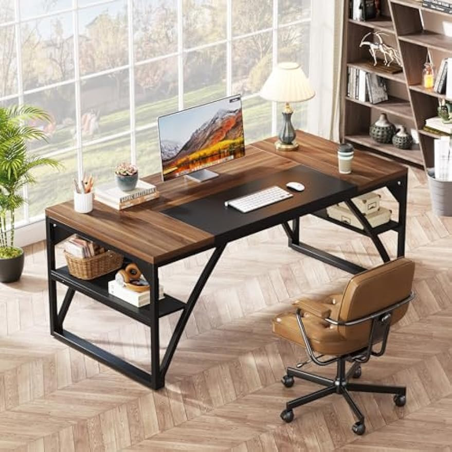 Large L-shaped desk with wood top and black metal frame in office