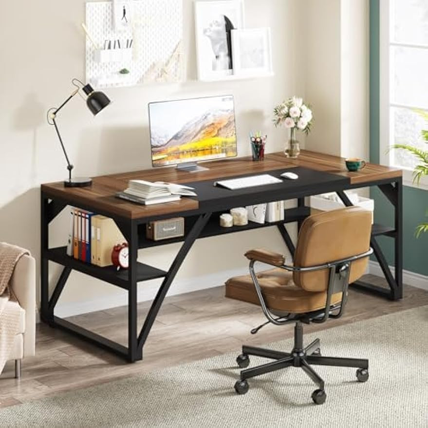Desk with wood top and black metal legs in a bright office