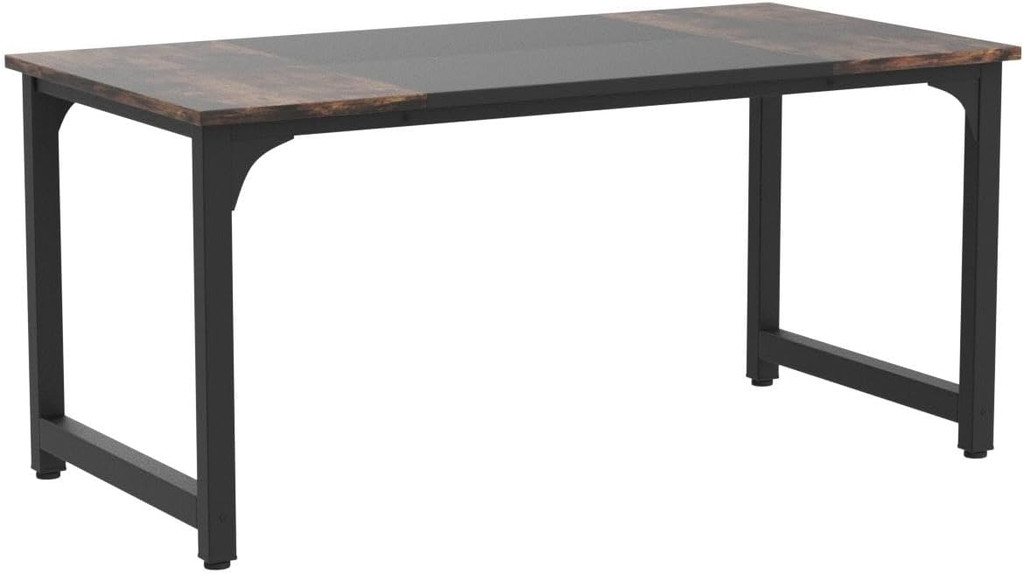 Desk with dark wood top and black frame side view