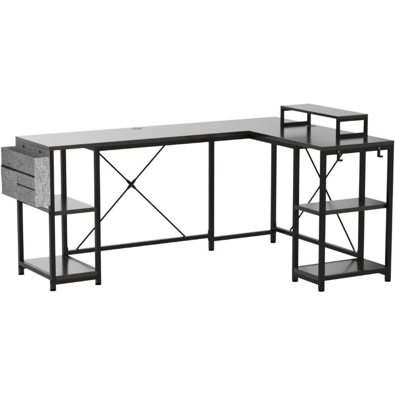 L-shaped desk with integrated storage towers on both ends, black frame and grey tabletop.