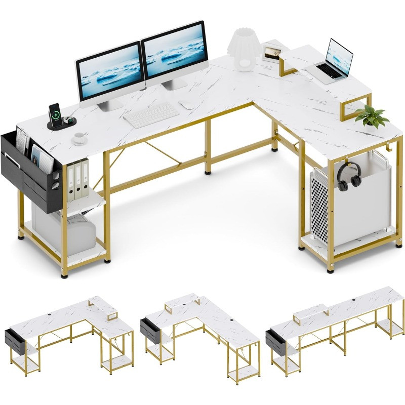 White marble-style L-shaped desk with gold frame and multiple storage shelves.
