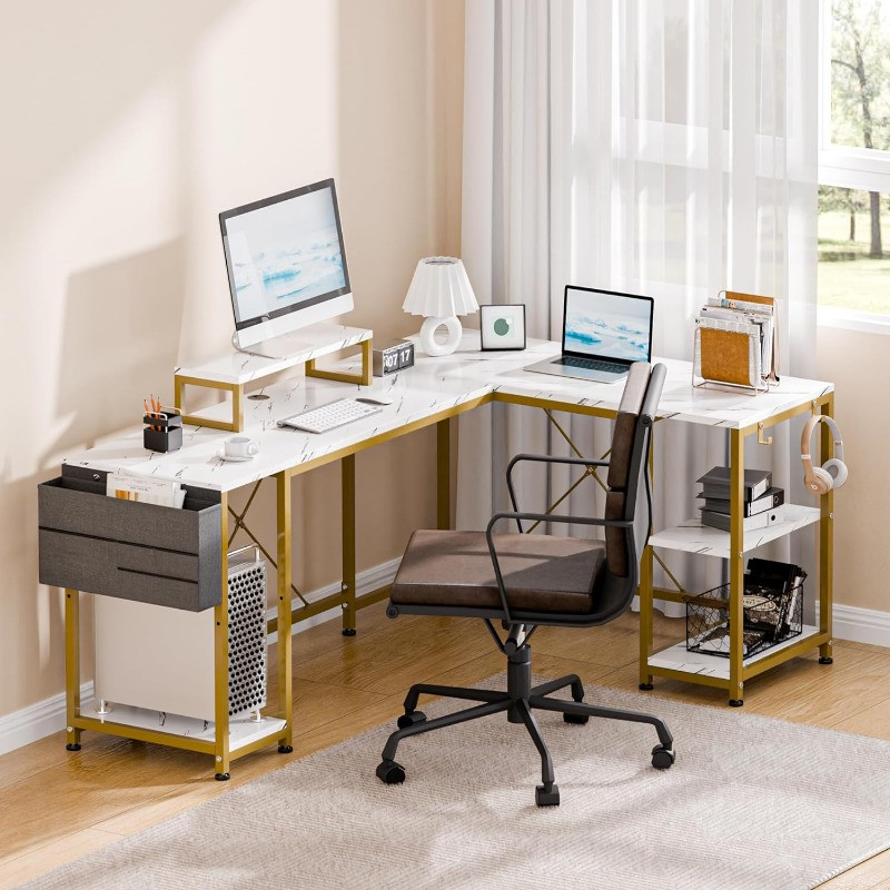 Beige-toned L-shaped desk with white desktop and gold frame in an office setup with chair.