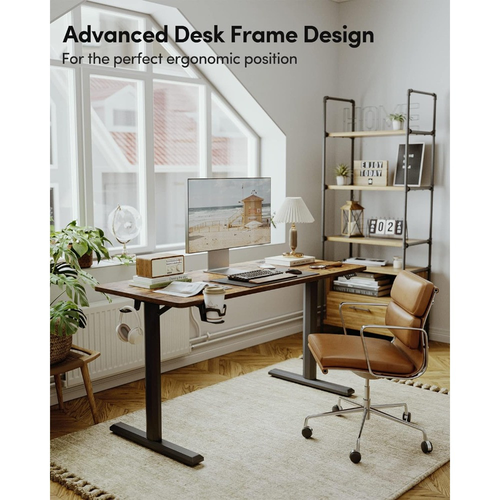 Modern desk setup with dual monitor, chair, rug, and shelving in a home office