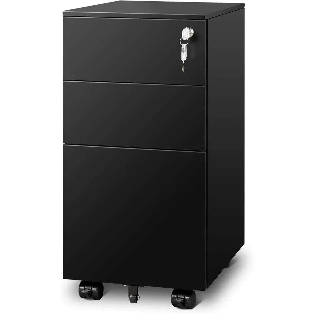 Black 3-drawer file cabinet with lock and wheels