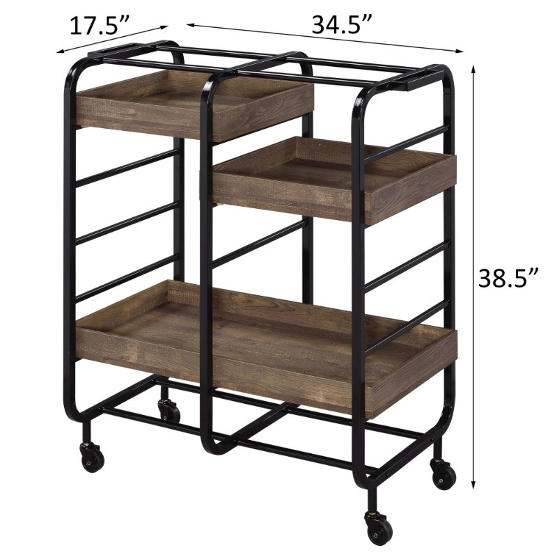 Rolling utility cart with dimensions 34.5 in by 17.5 in and height 38.5 in