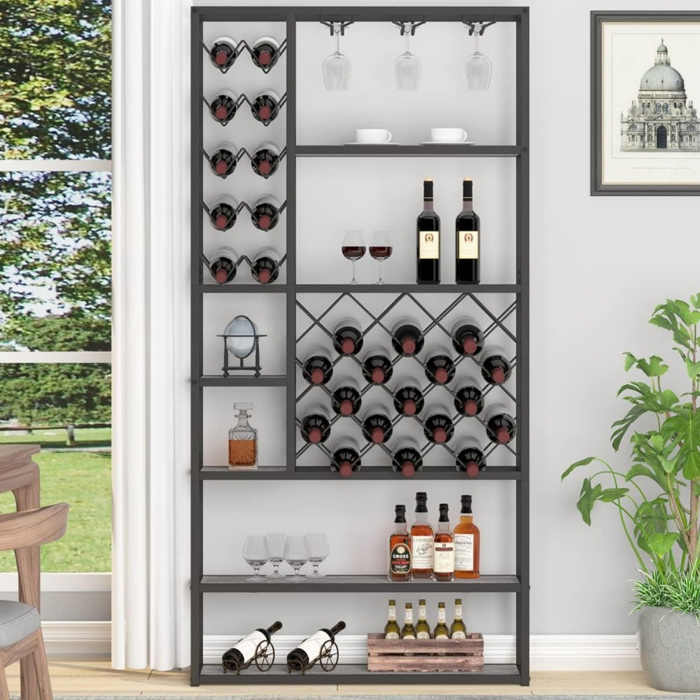 Large metal wine rack with extensive bottle storage, glassware area, and shelves in a modern home interior