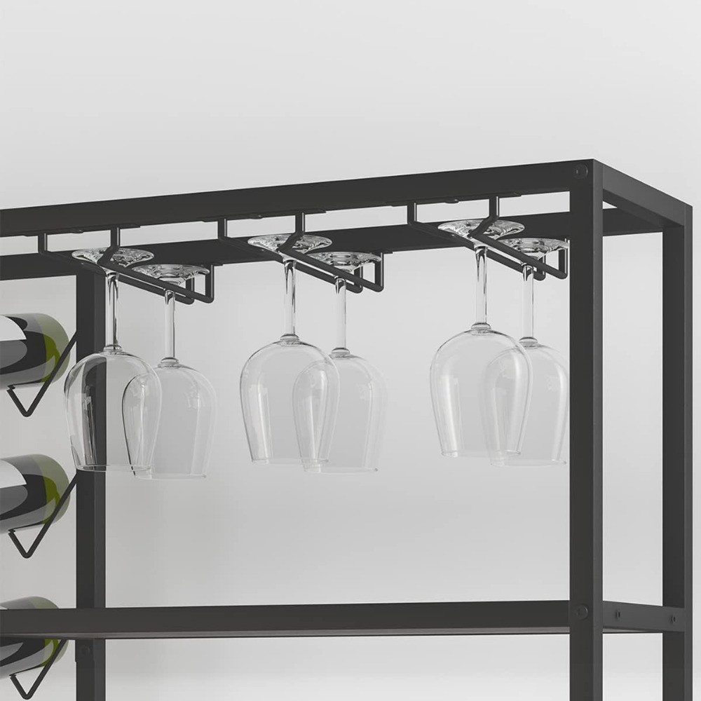 Close-up of hanging wine glass rack portion of the wine rack