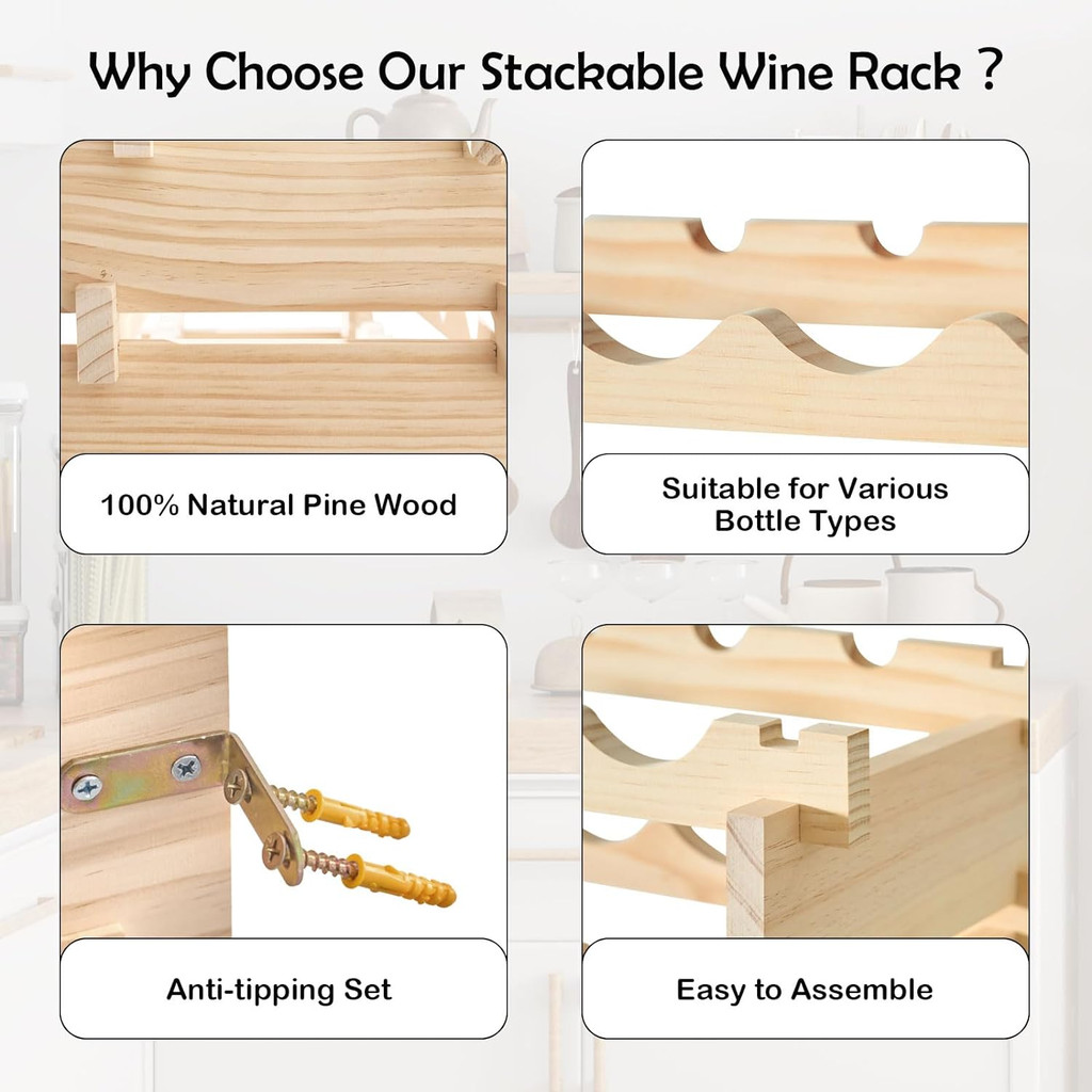 Natural pine wood stackable wine rack features diagram