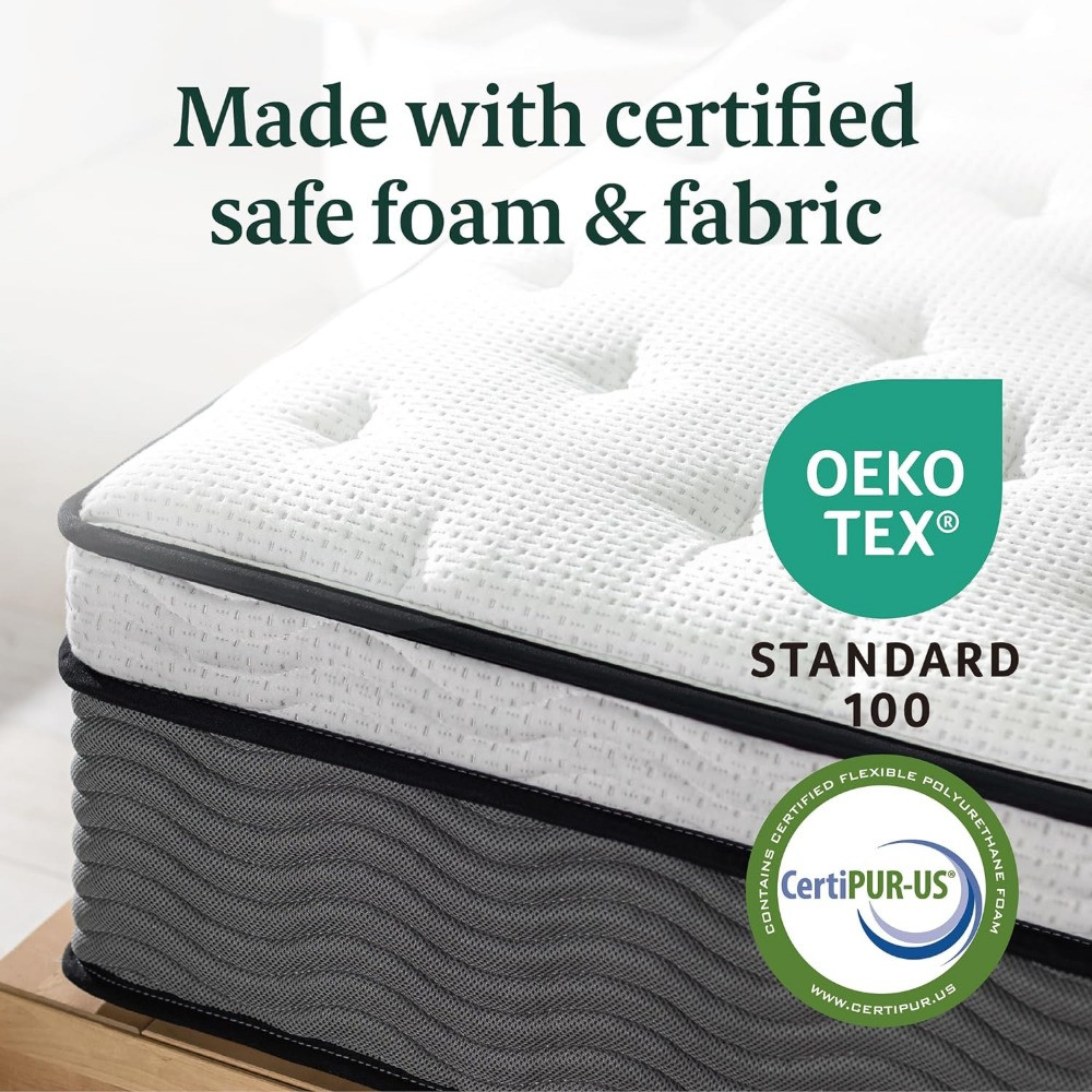 Close-up of mattress top with OEKO-TEX Standard 100 and CertiPUR-US logos