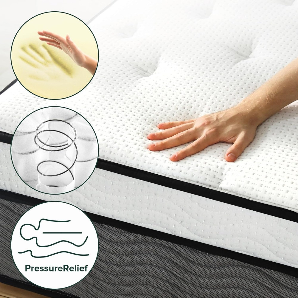 Close-up of mattress top with circular insets showing foam layers and pressure relief