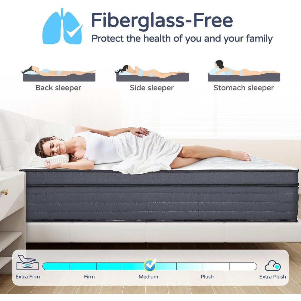 Queen hybrid mattress marketed as fiberglass-free for back, side, and stomach sleepers