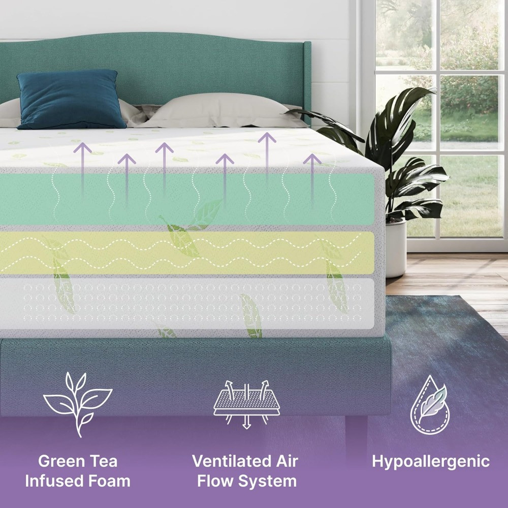 Green tea infused memory foam mattress with ventilation and hypoallergenic features