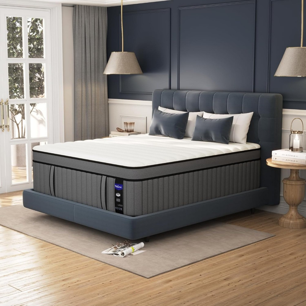 Full-size hybrid mattress on a bed with matching headboard in a modern bedroom