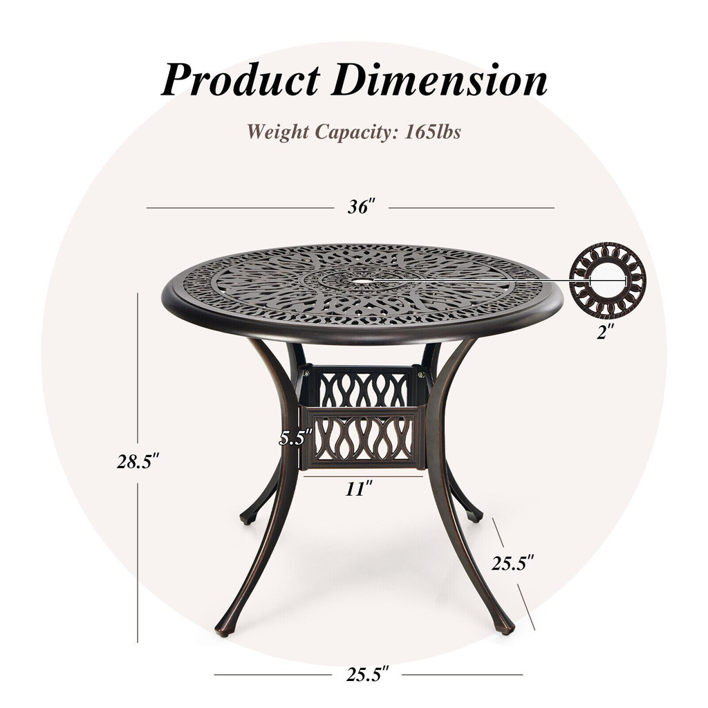 Product dimension diagram of round patio table