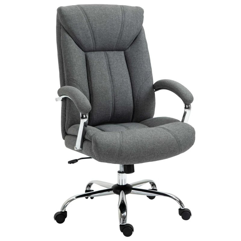 Close-up of grey upholstered office chair seat and armrest